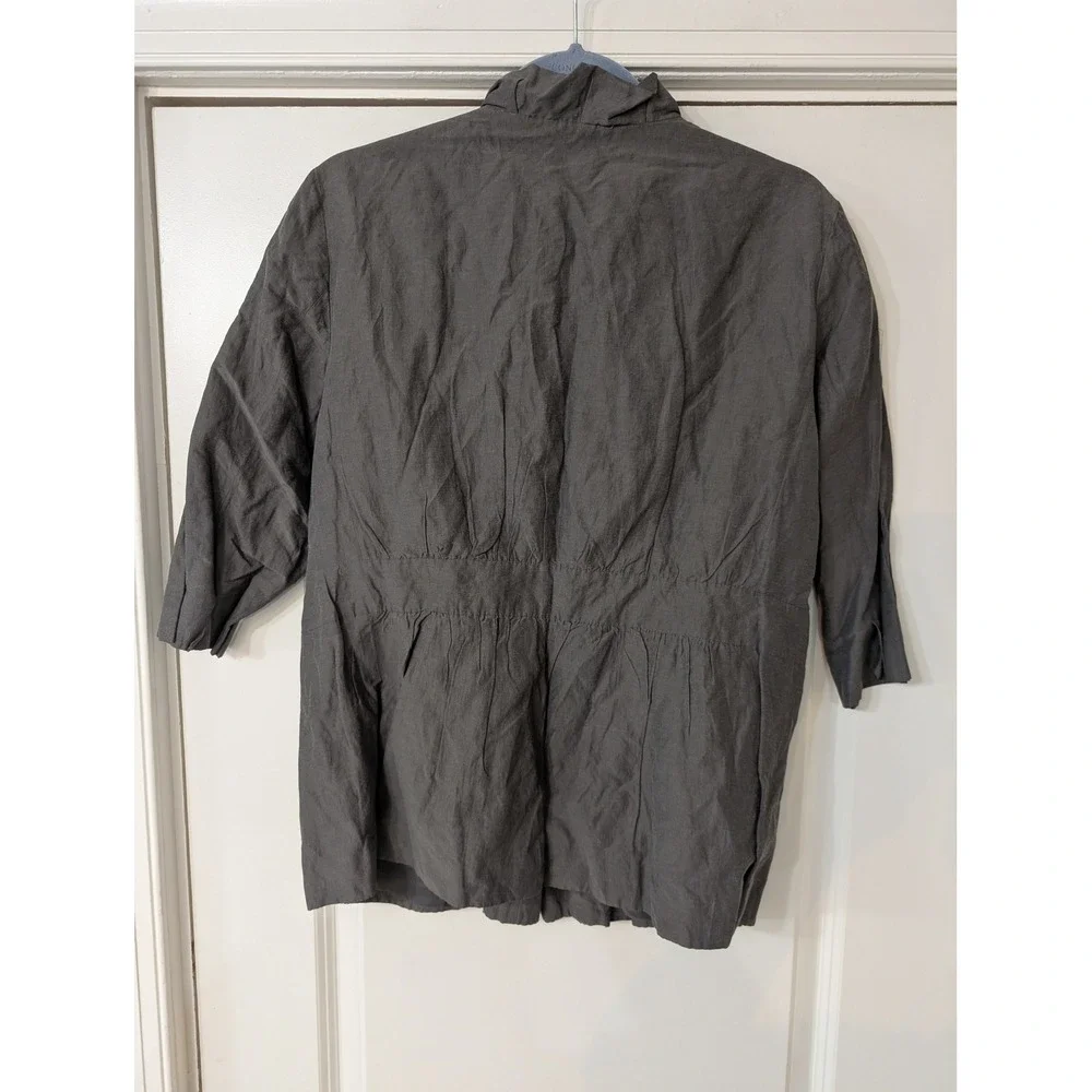 Eileen Fisher Womens Gray Metallic Crinkle Funnel Neck Snap Jacket Size L